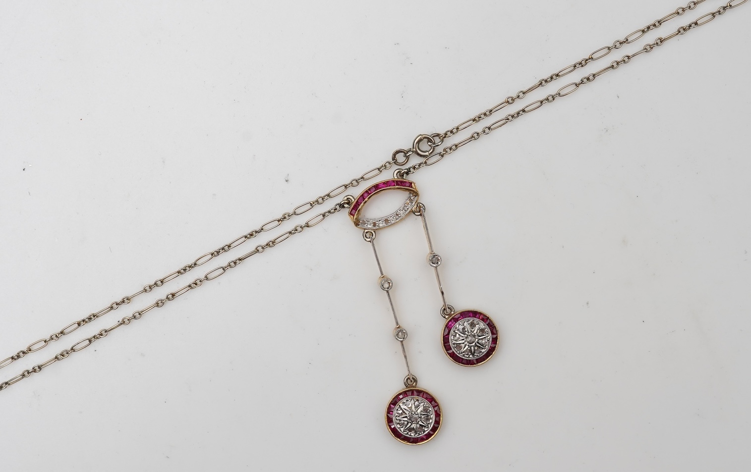 An Art Deco synthetic ruby and diamond pendant, France, 1920s